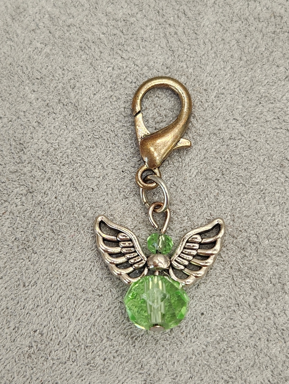Silver Tone Charm Wings Green Glass